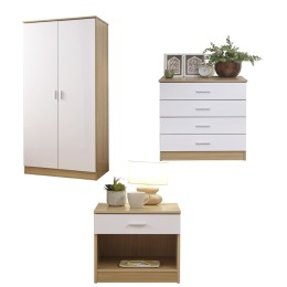 Melbourne 3 Piece Bedroom Set 2 Door Wardrobe 4 Drawer Chest Bedside White/Oak