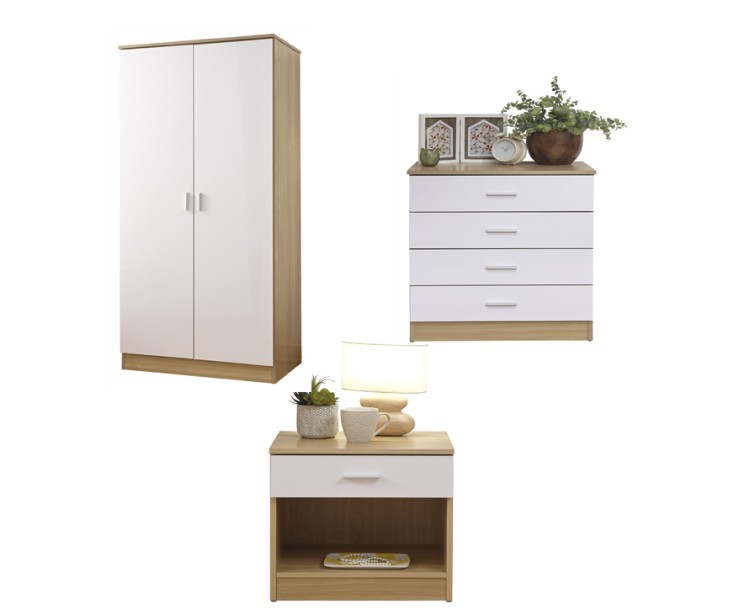 Melbourne 3 Piece Bedroom Set 2 Door Wardrobe 4 Drawer Chest Bedside White/Oak