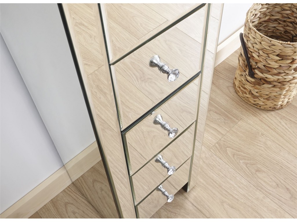 Modern Mirrored Clear Glass Bedroom 5 Drawer Slim Chest Storage