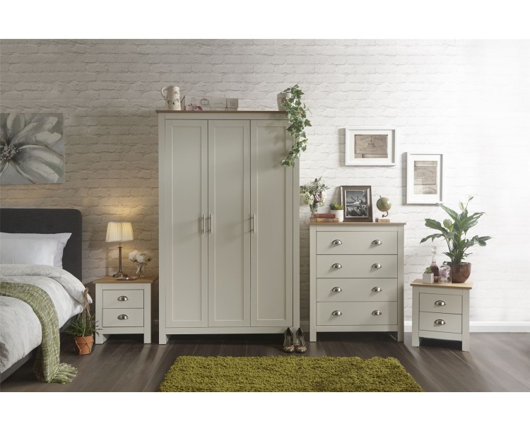 Lancaster 4 Piece Bedroom Set 3 Door Wardrobe 4 Drawer Chest Bedside Table Cream