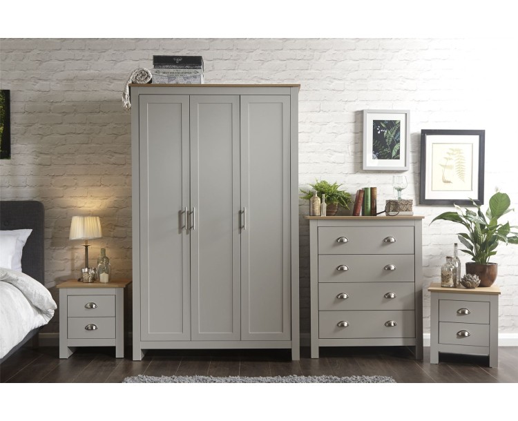 Lancaster 4 Piece Bedroom Set 3 Door Wardrobe 4 Drawer Chest Bedside Table Grey