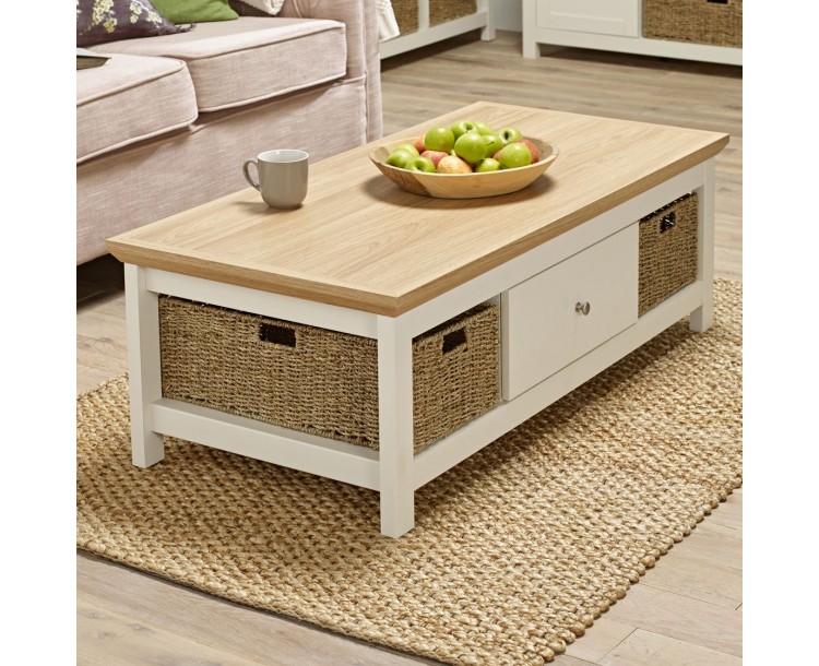 Cotswold Cream 1 Drawer 2 Storage Baskets Coffee Table
