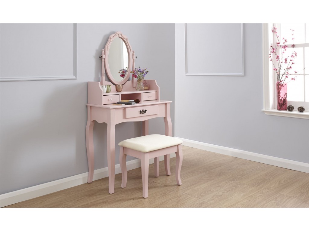 Pink Lumberton 3 Drawer Mirror Dressing Table Stool Set