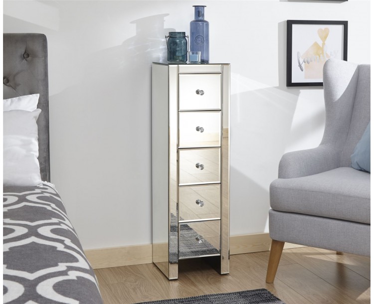 Mirrored 5 Drawer Slim Chest Clear Glass Bedroom Furniture