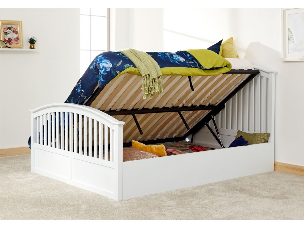 White Madrid Rubberwood 5ft Kingsize 150cm Side Lift Ottoman Bed
