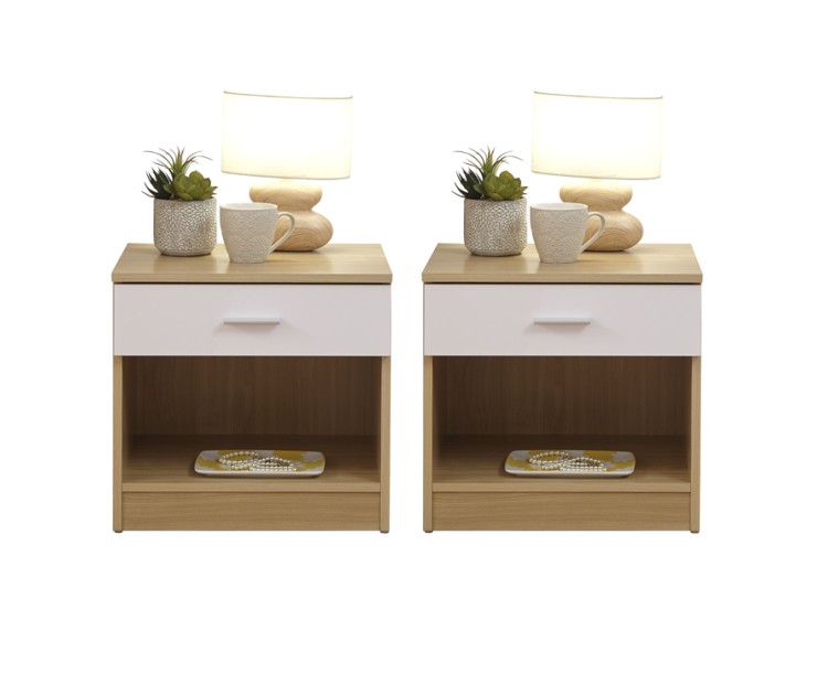 Pair of Melbourne White/Oak Bedside Table Cabinet