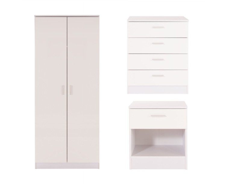 Ottawa 3 Piece Bedroom Set 2 Door Wardrobe 4 Drawer Chest Bedside Cabinet White