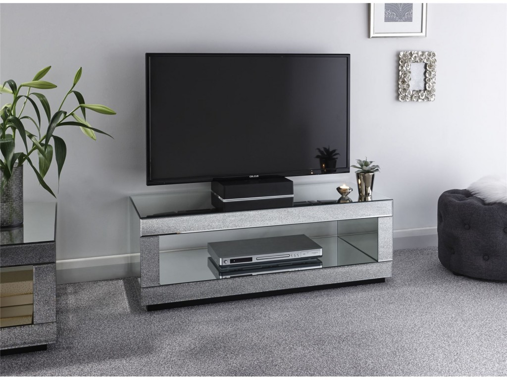 Living Room Capri Mirrored Glass Cube TV Unit with Shelf