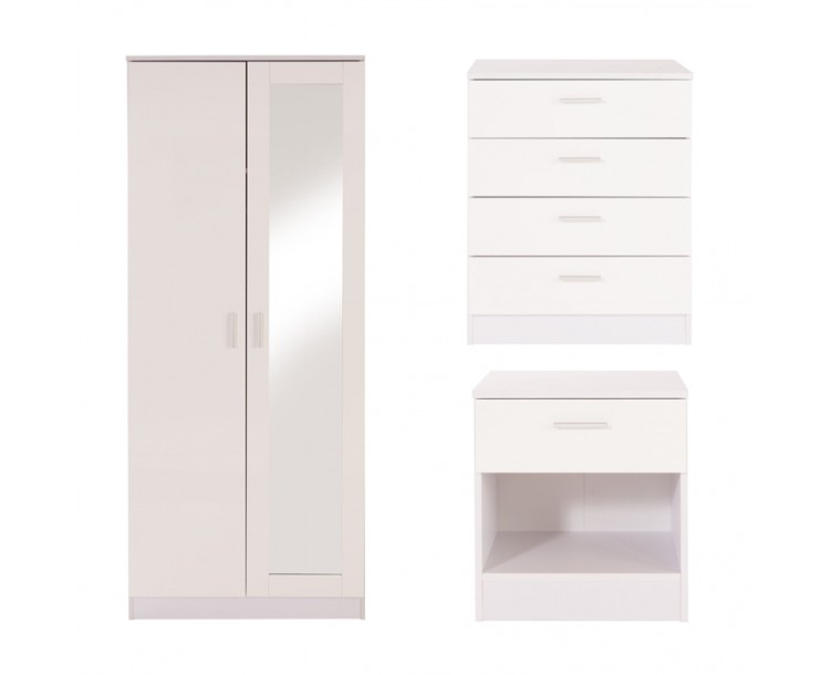 Ottawa 3 Piece Bedroom Set Mirror Wardrobe 4 Drawer Chest Bedside Cabinet White