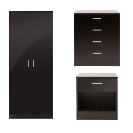 Ottawa 3 Piece Bedroom Set 2 Door Wardrobe 4 Drawer Chest Bedside Cabinet Black