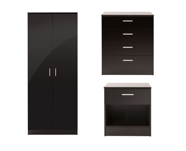 Ottawa 3 Piece Bedroom Set 2 Door Wardrobe 4 Drawer Chest Bedside Cabinet Black