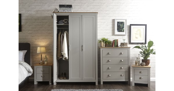 Lancaster 4 Piece Bedroom Set 3 Door Wardrobe 4 Drawer Chest Bedside Table Grey