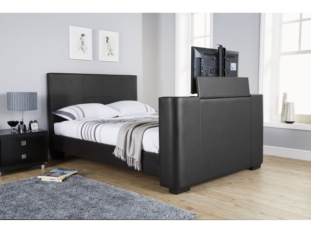Newark Contemporary 4ft 6 Double Black PU Leather TV Bedstead
