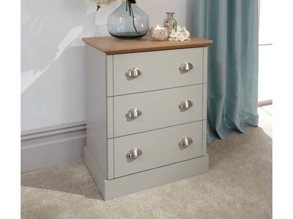 Contemporary Grey Kendal 3 Drawer Bedroom Chest with Oak Top
