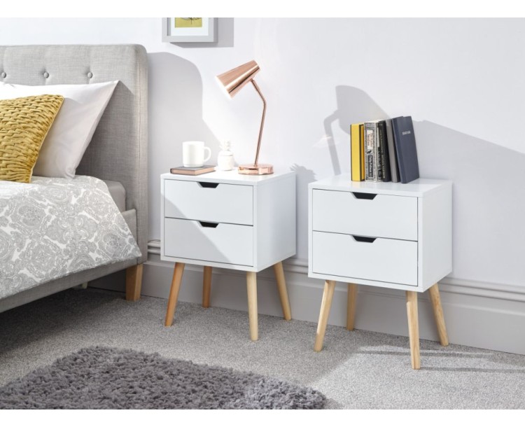 Modern Pair of Scandi Nyborg 2 Drawer White Bedside Units