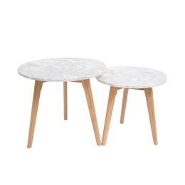 Harlow Round Nest of Tables Oak-White Marble Top