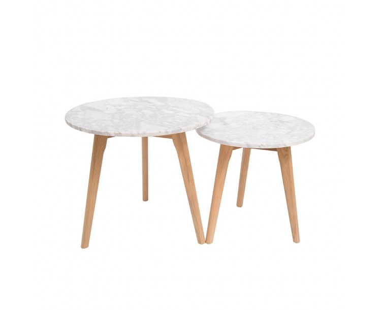 Harlow Round Nest of Tables Oak-White Marble Top