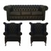 Chesterfield Real Leather 3 Seater Sofa & 2 Queen Anne's