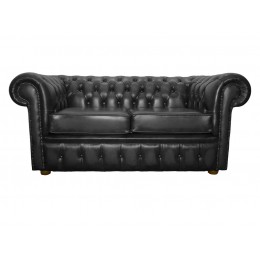 Chesterfield Two Seater Sofa 100% Genuine Leather Shelly Black