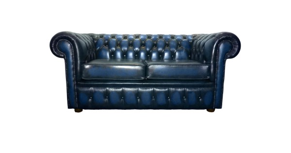 Chesterfield Genuine Leather Antique Blue Two Seater Sofa