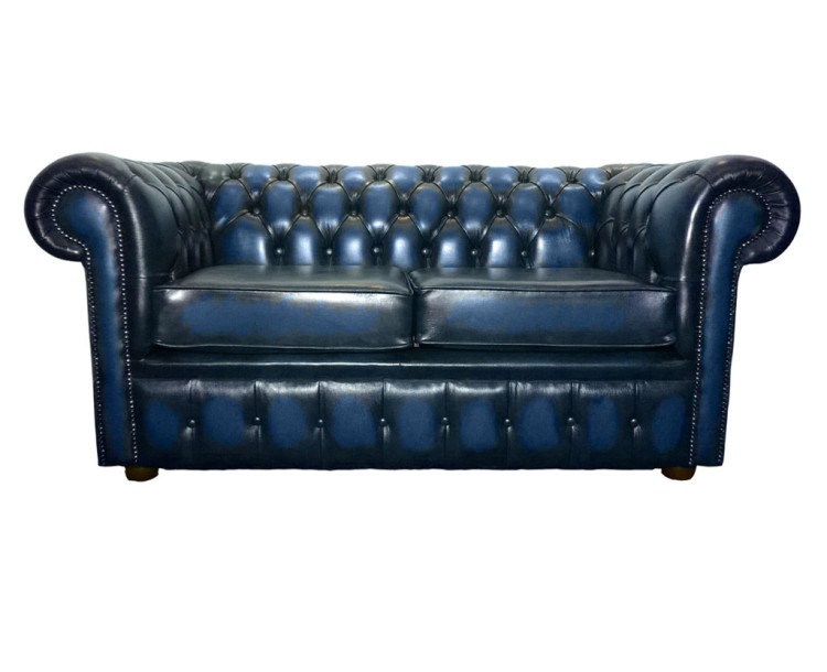 Chesterfield Genuine Leather Antique Blue Two Seater Sofa