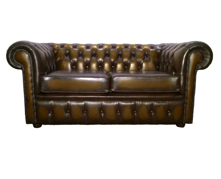 Chesterfield Genuine Leather Antique Brown Two Seater Sofa