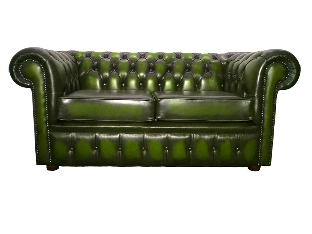Two Seater Sofa Bed, Green Leather Chesterfield