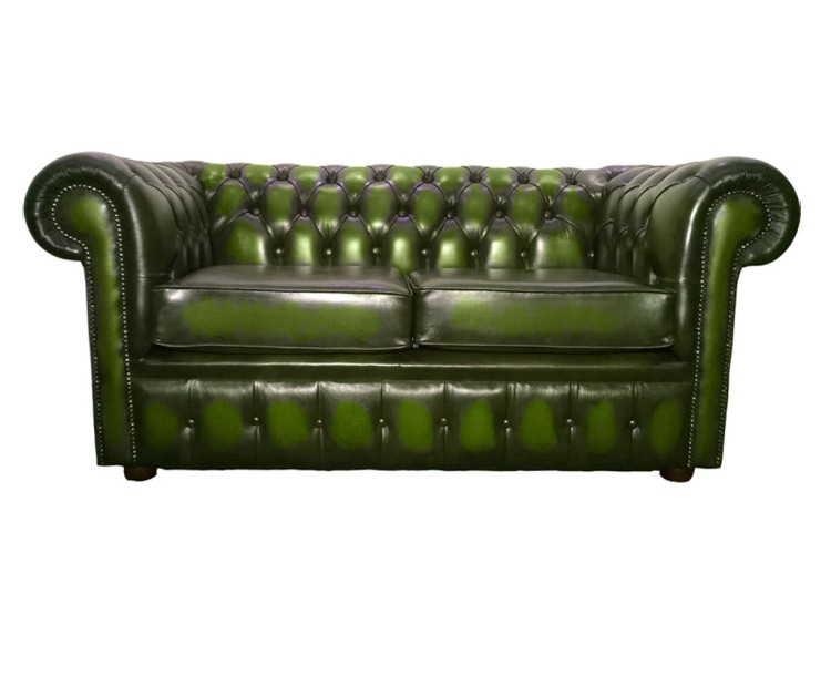 Chesterfield Genuine Leather Antique Green Two Seater Sofa