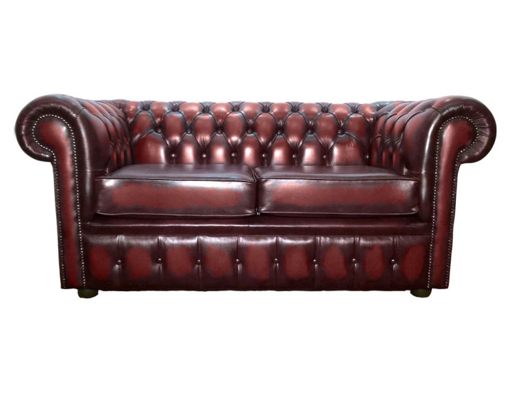 Chesterfield Antique Oxblood Red Genuine Leather Two Seater Sofa