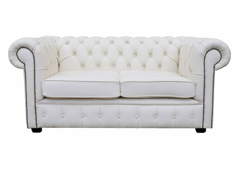 Chesterfield Genuine Leather Shelly White Two Seater Sofa Bed