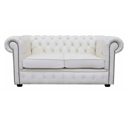 Chesterfield Two Seater Sofa 100% Genuine Leather Shelly White