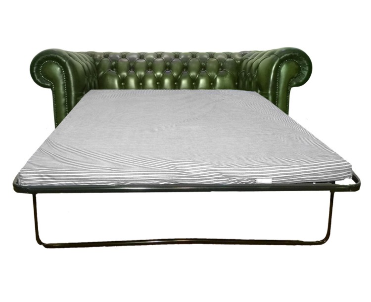 Chesterfield Genuine Leather Antique Green Two Seater Sofa Bed