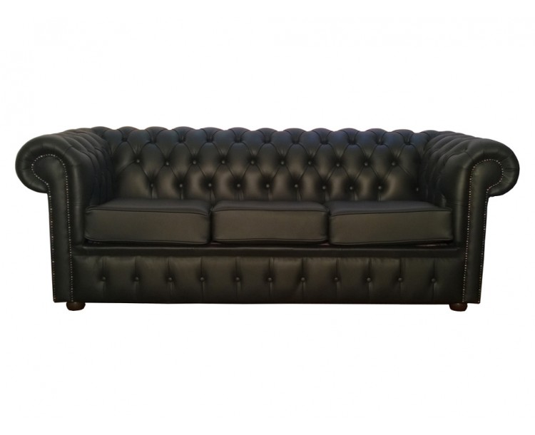 Chesterfield Genuine Leather Shelly Black Three Seater Sofa