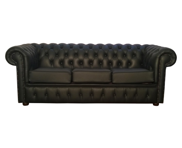 Chesterfield Genuine Leather Shelly Black Three Seater Sofa