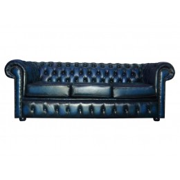 Chesterfield Three Seater 100% Genuine Leather Antique Blue