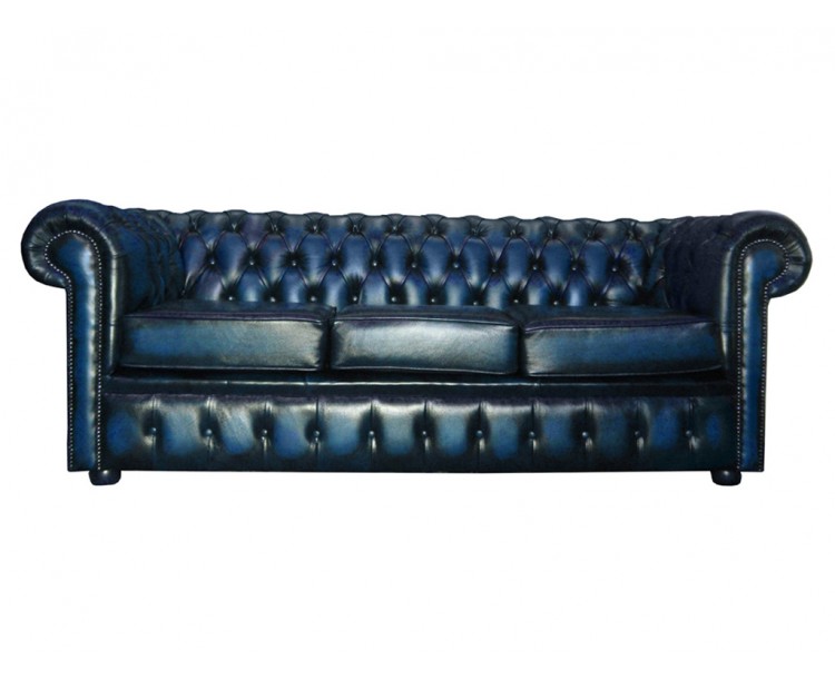 Chesterfield Genuine Leather Antique Blue Three Seater Sofa