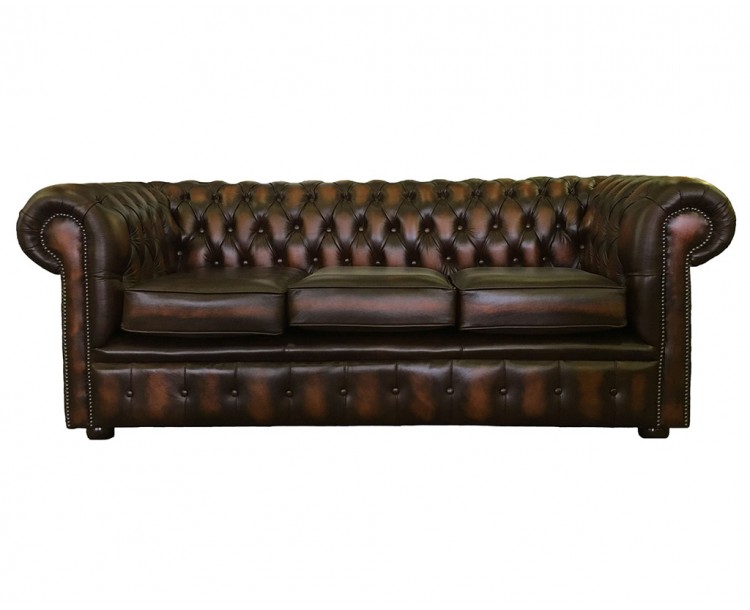 Chesterfield Genuine Leather Antique Brown Three Seater Sofa