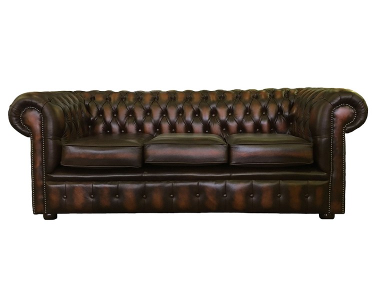 Chesterfield Genuine Leather Antique Brown Three Seater Sofa