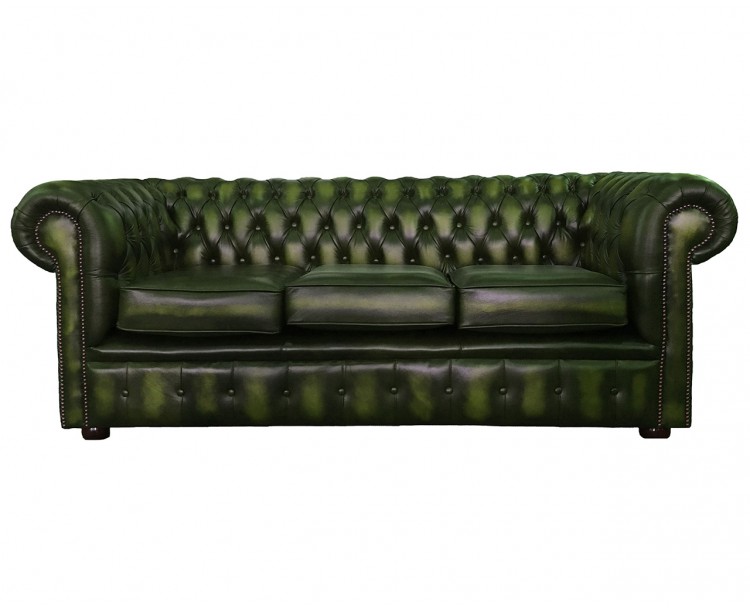 Chesterfield Genuine Leather Antique Green Three Seater Sofa