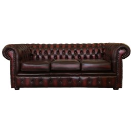 Chesterfield Three Seater Sofa Genuine Leather Antique Oxblood Red