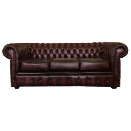 Chesterfield Three Seater Sofa Genuine Leather Antique Oxblood Red