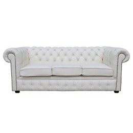 Chesterfield Three Seater Sofa 100% Genuine Leather Shelly White