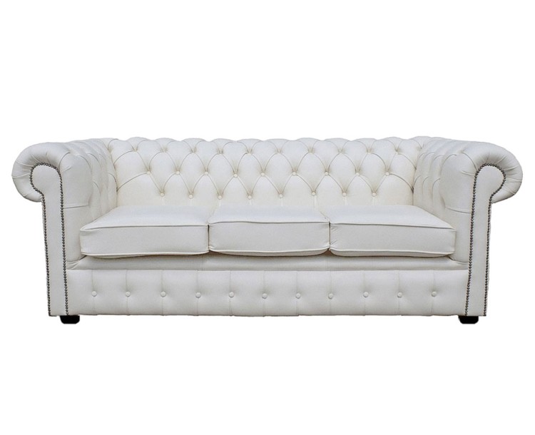 Chesterfield Genuine Leather Shelly White Three Seater Sofa