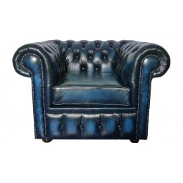 Chesterfield Club Chair 100% Antique Blue Genuine Leather