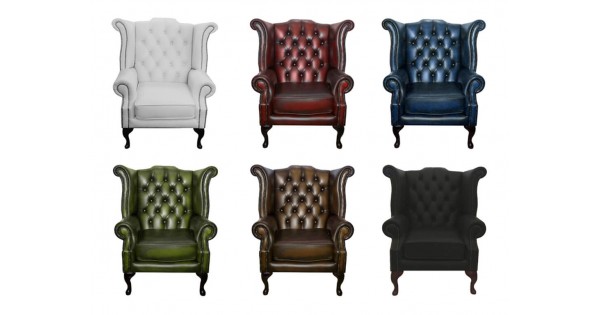 Genuine Leather Queen Anne Chair Collection, Leather Chesterfield Queen Anne Chair