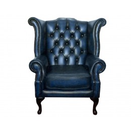 Chesterfield Queen Anne Armchair 100% Genuine Leather Antique Blue