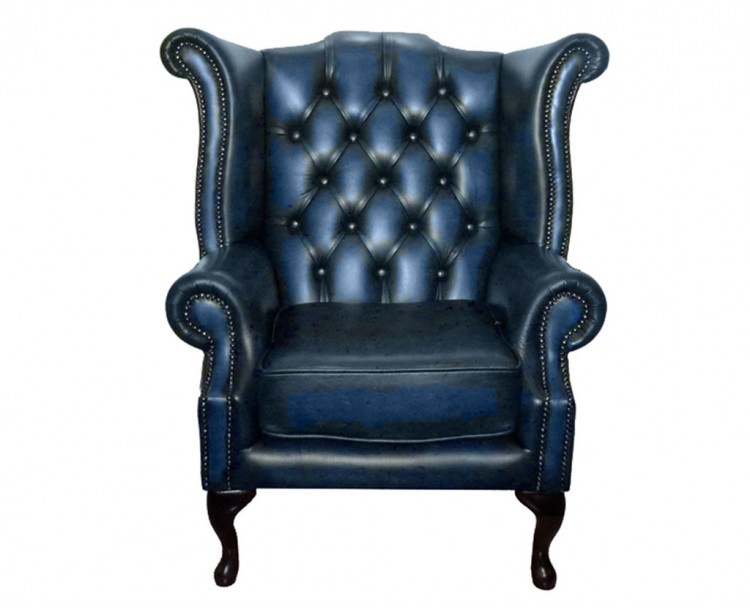 Chesterfield Genuine Leather Antique Blue Queen Anne Armchair