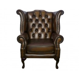 Chesterfield 100% Queen Anne Armchair Genuine Leather Antique Brown