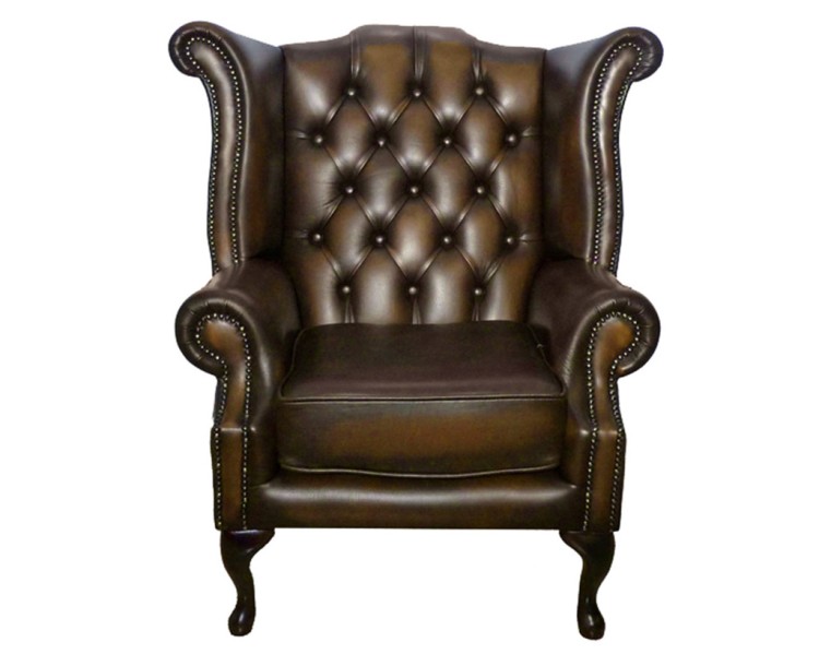 Chesterfield Genuine Leather Antique Brown Queen Anne Armchair