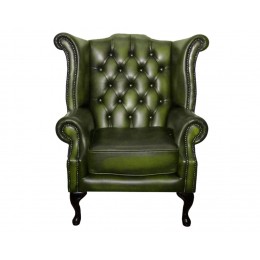Chesterfield 100% Queen Anne Armchair Genuine Leather Antique Green